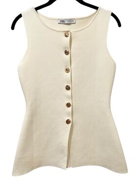 Zara Cream Knit Vest Top Small Gold Buttons